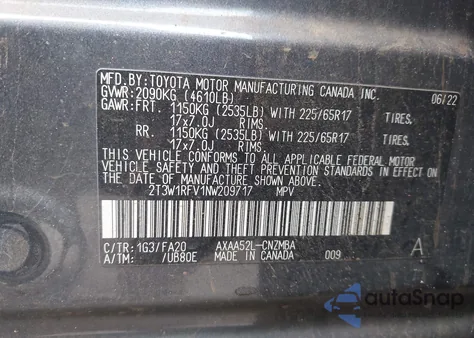 2022 Toyota Rav4 Xle из США, поврежденный, VIN 2T3W1RFV1NW209717